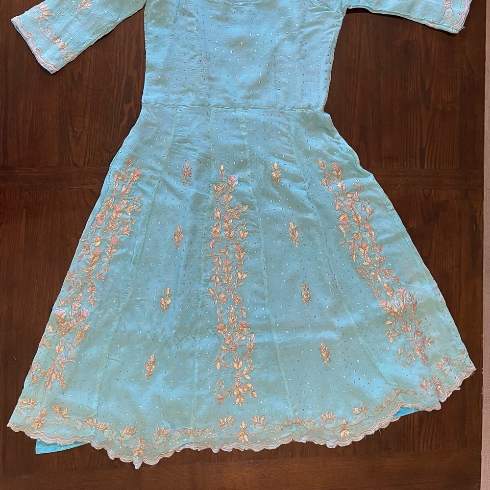 3pc Pink & Blue Indian Anarkali Suit With Salwaar - Picture 14 of 15